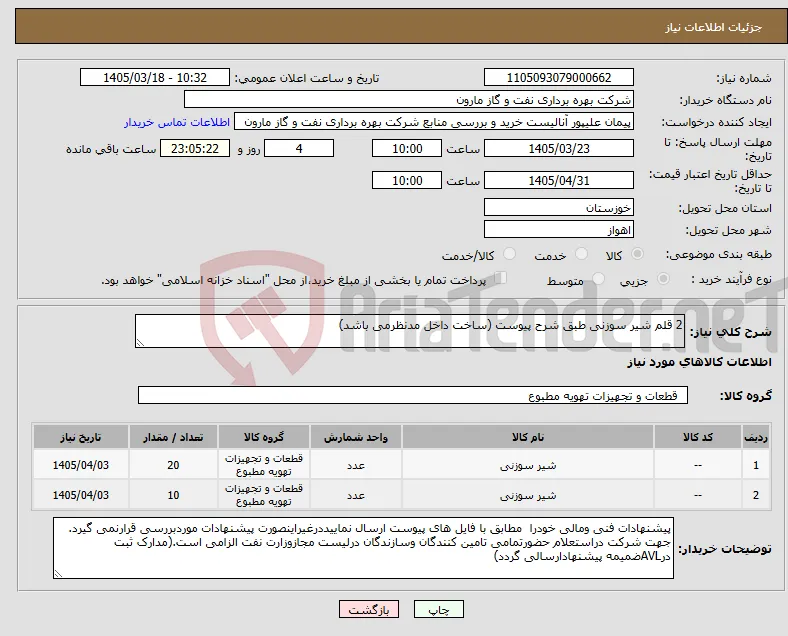 نیاز کالا-2 قلم شیر سوزنی طبق شرح پیوست (ساخت داخل مدنظرمی باشد)