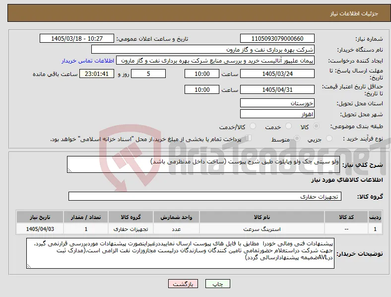 نیاز کالا-ولو سیتی چک ولو وپایلوت طبق شرح پیوست (ساخت داخل مدنظرمی باشد)