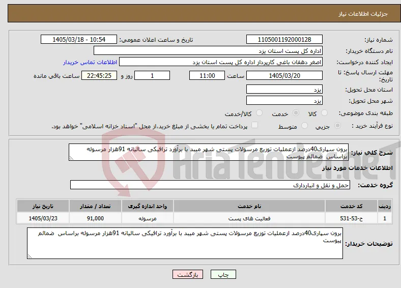 نیاز خدمات-برون سپاری40درصد ازعملیات توزیع مرسولات پستی شهر میبد با برآورد ترافیکی سالیانه 91هزار مرسوله براساس ضمائم پیوست