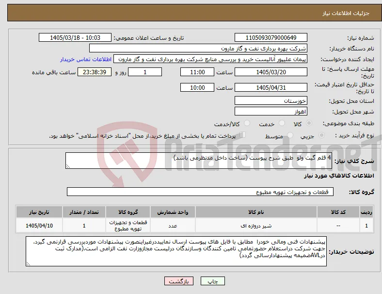 نیاز کالا-4 قلم گیت ولو طبق شرح پیوست (ساخت داخل مدنظرمی باشد)