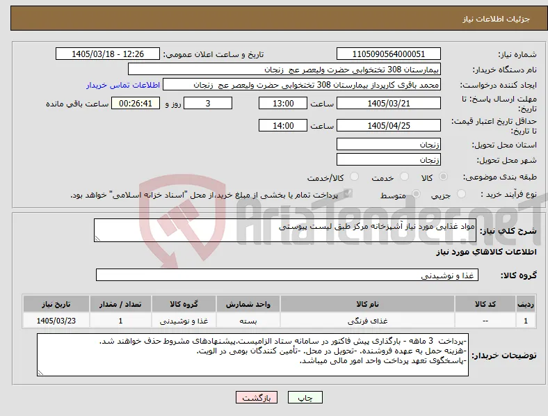 نیاز کالا-مواد غذایی مورد نیاز آشپزخانه مرکز طبق لیست پیوستی