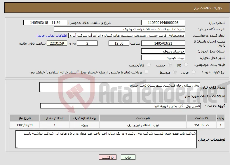نیاز خدمات-برق رسانی چاه قندشتن شهرستان تربت حیدریه 