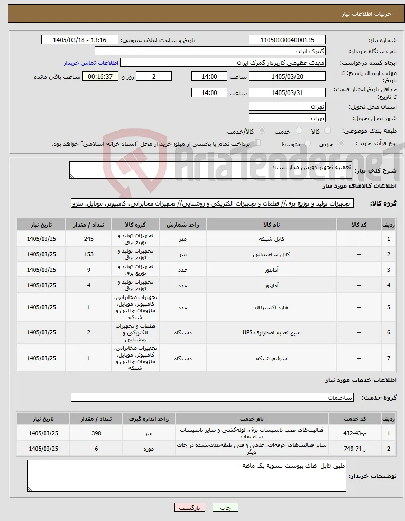 نیاز خدمت/کالا-تعمیرو تجهیز دوربین مدار بسته