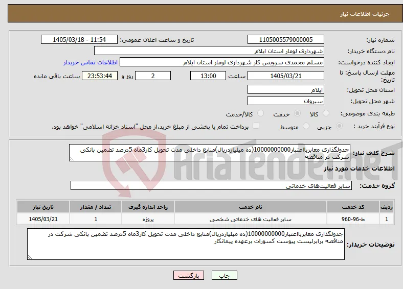 نیاز خدمات-جدولگذاری معابربااعتبار10000000000(ده میلیاردریال)منابع داخلی مدت تحویل کار3ماه 5درصد تضمین بانکی شرکت در مناقصه