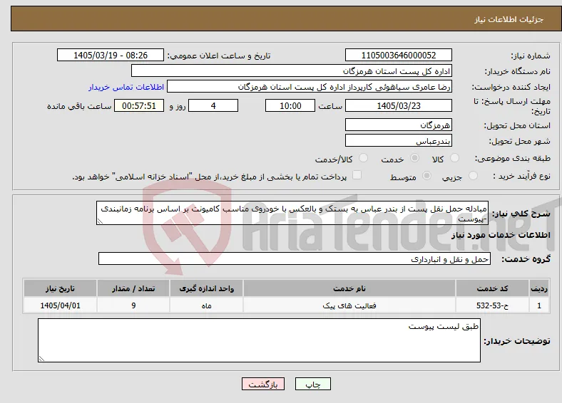 نیاز خدمات-مبادله حمل نقل پست از بندر عباس به بستک و بالعکس با خودروی مناسب کامیونت بر اساس برنامه زمانبندی -پیوست 