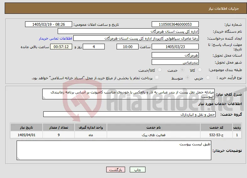 نیاز خدمات-مبادله حمل نقل پست از بندر عباس به لار و بالعکس با خودروی مناسب کامیونت بر اساس برنامه زمانبندی -پیوست 