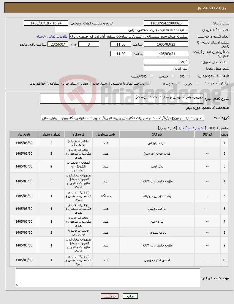نیاز کالا-دوربین، باتری دوربین و ... (مشخصات پیوست)