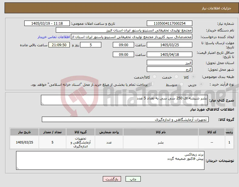 نیاز کالا-بشر شیشه ای 250 سی سی به تعداد 5 عدد