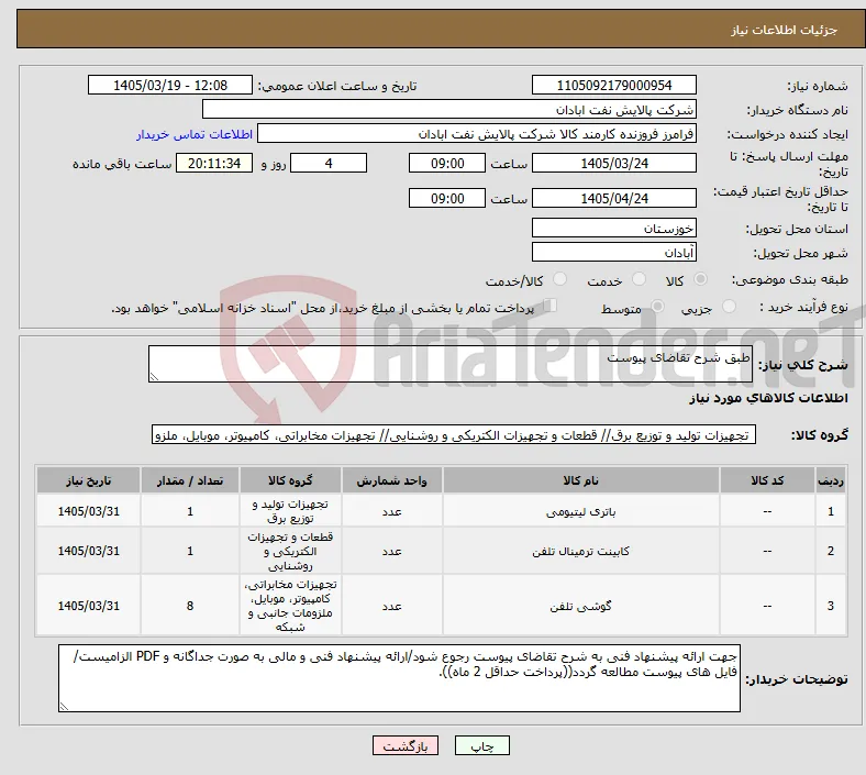 نیاز کالا-طبق شرح تقاضای پیوست
