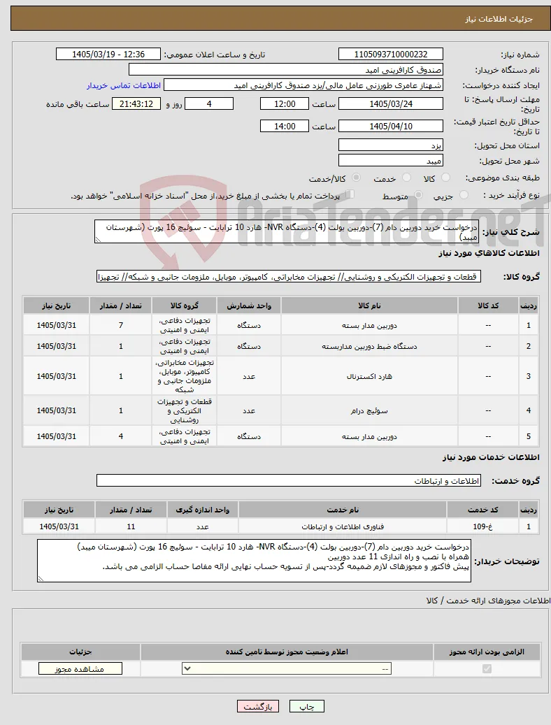 نیاز خدمت/کالا-درخواست خرید دوربین دام (7)-دوربین بولت (4)-دستگاه NVR- هارد 10 ترابایت - سوئیچ 16 پورت (شهرستان میبد)