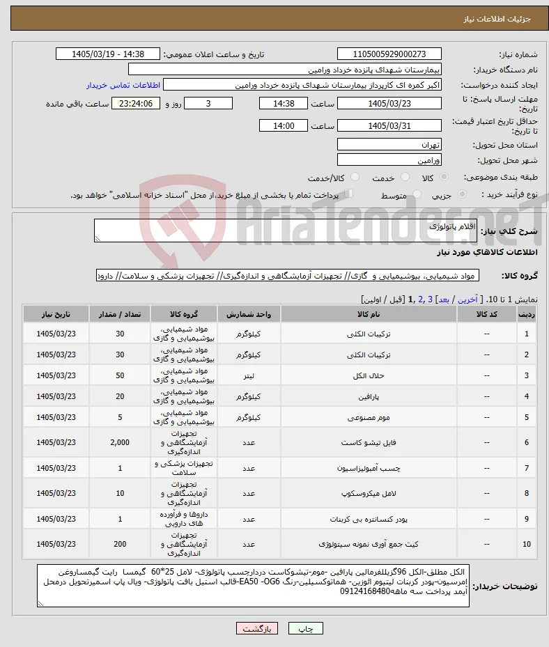 نیاز کالا-اقلام پاتولوژی