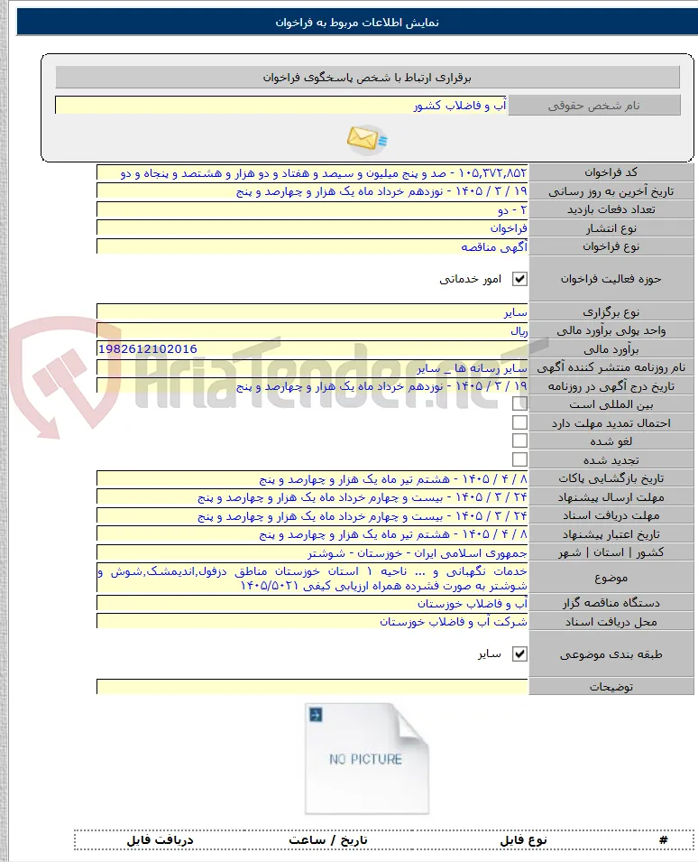 خدمات نگهبانی و ... ناحیه ۱ استان خوزستان مناطق دزفول٬اندیمشک٬شوش و شوشتر به صورت فشرده همراه ارزیابی کیفی ۱۴۰۵/۵۰۲۱