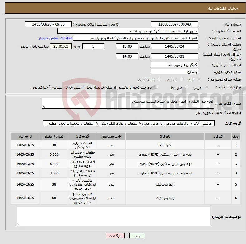 نیاز کالا-لوله پلی اتیلن و رابط و کوپلر به شرح لیست پیوستی