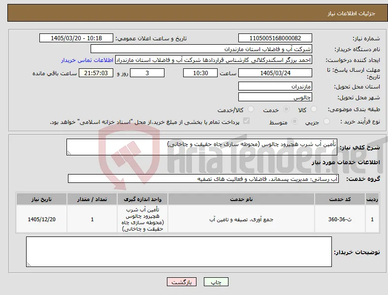 نیاز خدمات-تأمین آب شرب هچیرود چالوس (محوطه سازی چاه حقیقت و چاخانی)