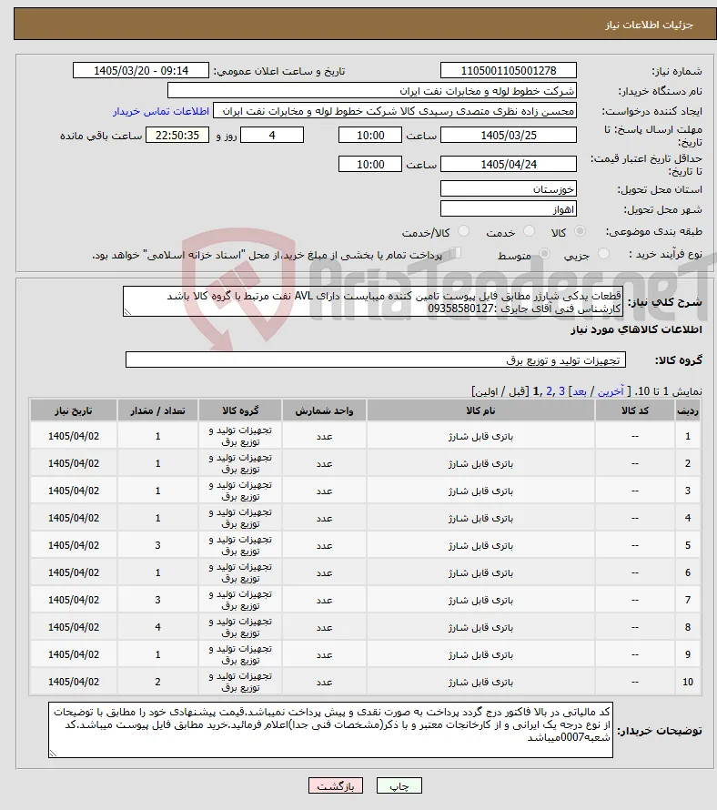 نیاز کالا-قطعات یدکی شارژر مطابق فایل پیوست تامین کننده میبایست دارای AVL نفت مرتبط با گروه کالا باشد کارشناس فنی آقای جابری :09358580127