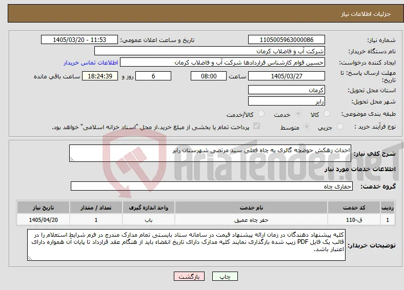 نیاز خدمات-احداث زهکش حوضچه گالری به چاه فعلی سید مرتضی شهرستان رابر