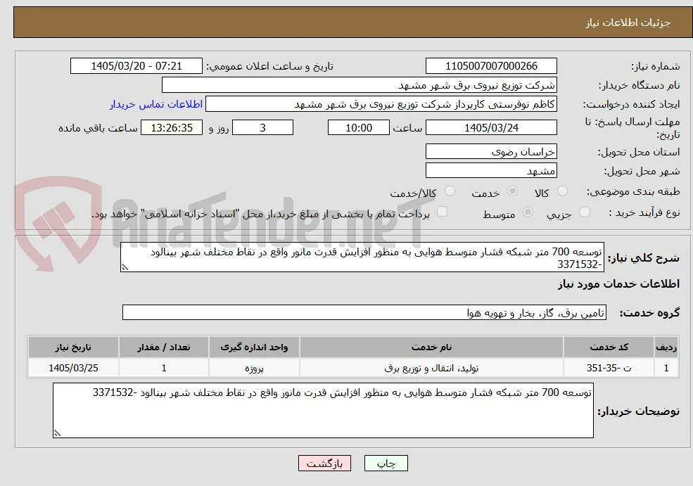 توسعه 700 متر شبکه فشار متوسط هوایی به منظور افزایش قدرت مانور واقع در نقاط مختلف شهر بینالود -3371532
