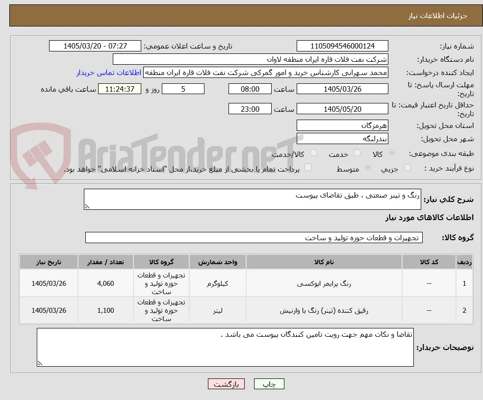 رنگ و تینر صنعتی ، طبق تقاضای پیوست