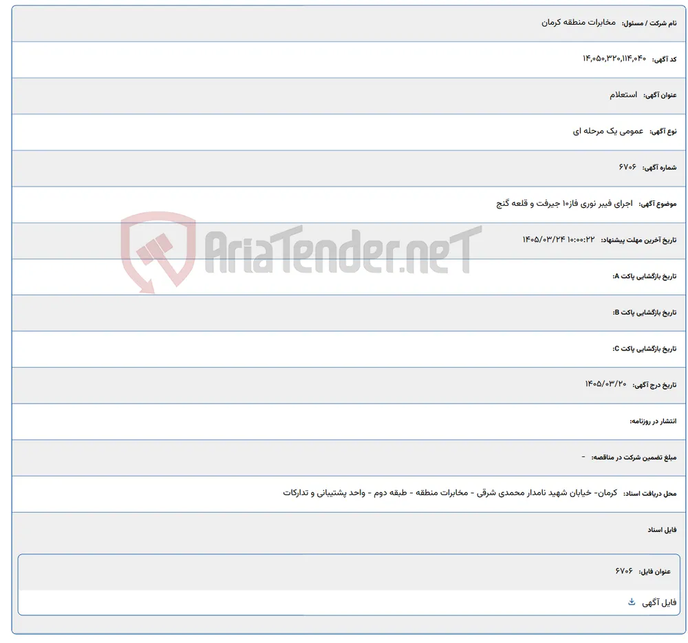 اجرای فیبر نوری فاز10 جیرفت و قلعه گنج