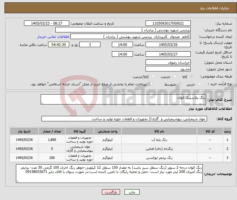 نیاز کالا-رنگ پلاستیک الوان 