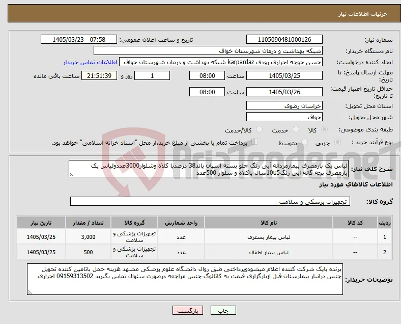نیاز کالا-لباس یک بارمصرف بیمارمردانه آبی رنگ جلو بسته اسپان باند38 درصدبا کلاه وشلوار3000عددولباس یک بارمصرف بچه گانه ابی رنگ5تا10سال باکلاه و شلوار 500عدد 