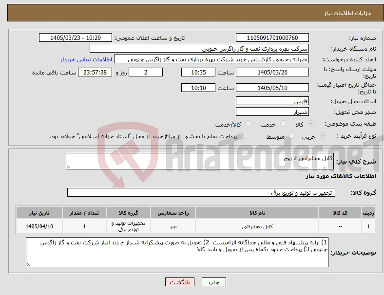 نیاز کالا-کابل مخابراتی 2 زوج