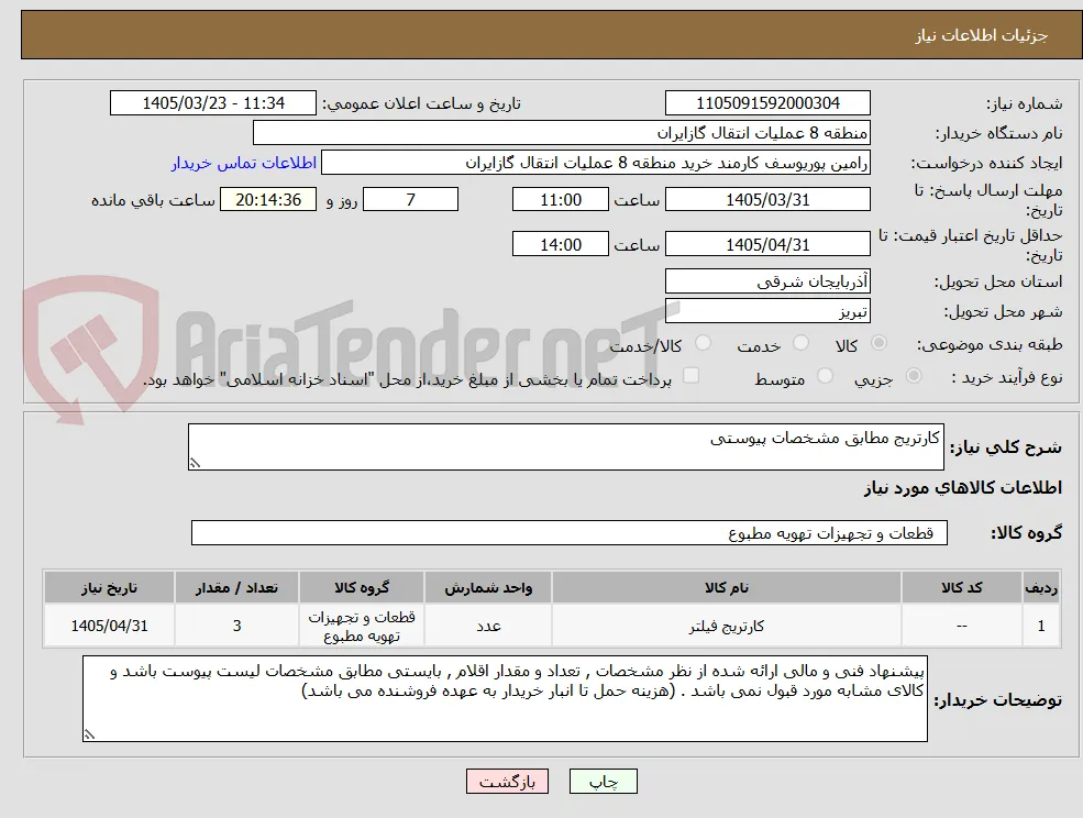 کارتریج مطابق مشخصات پیوستی
