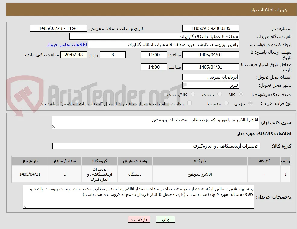 اقلام آنالایزر سولفور و اکسیژن مطابق مشخصات پیوستی