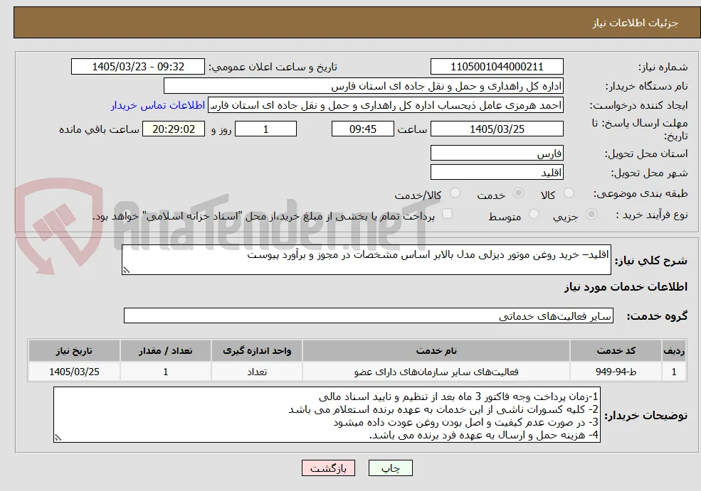 اقلید– خرید روغن موتور دیزلی مدل بالابر اساس مشخصات در مجوز و برآورد پیوست