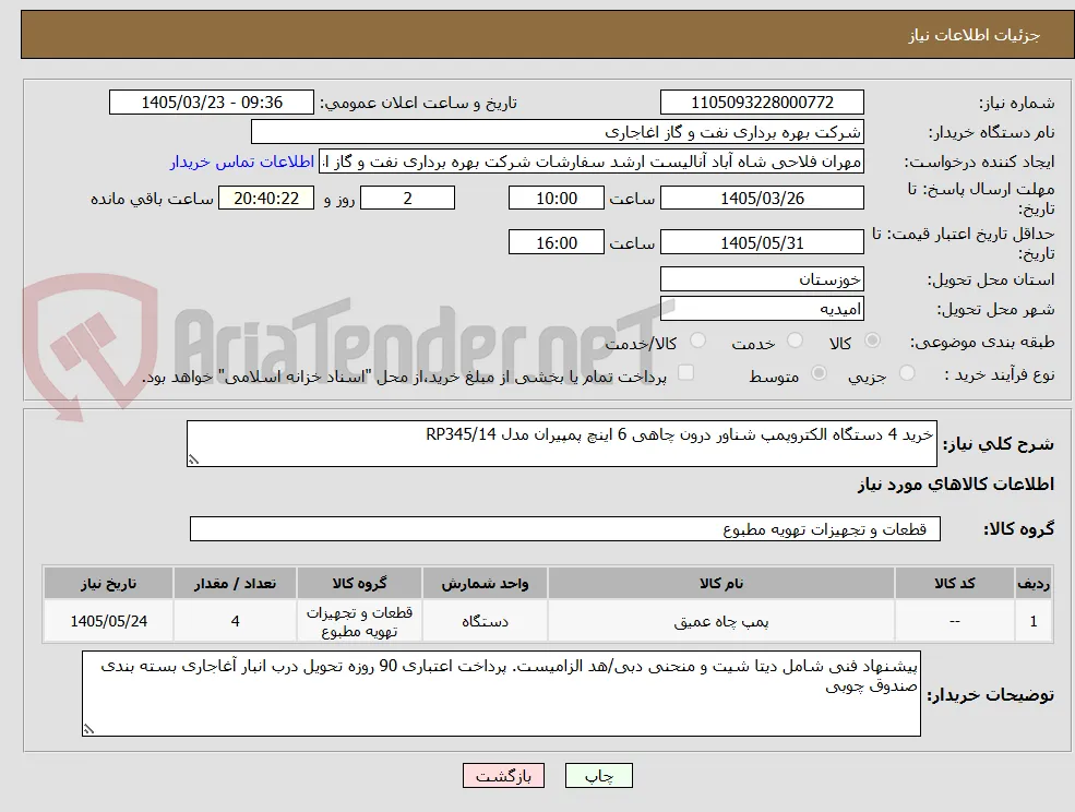 خرید 4 دستگاه الکتروپمپ شناور درون چاهی 6 اینچ پمپیران مدل RP345/14