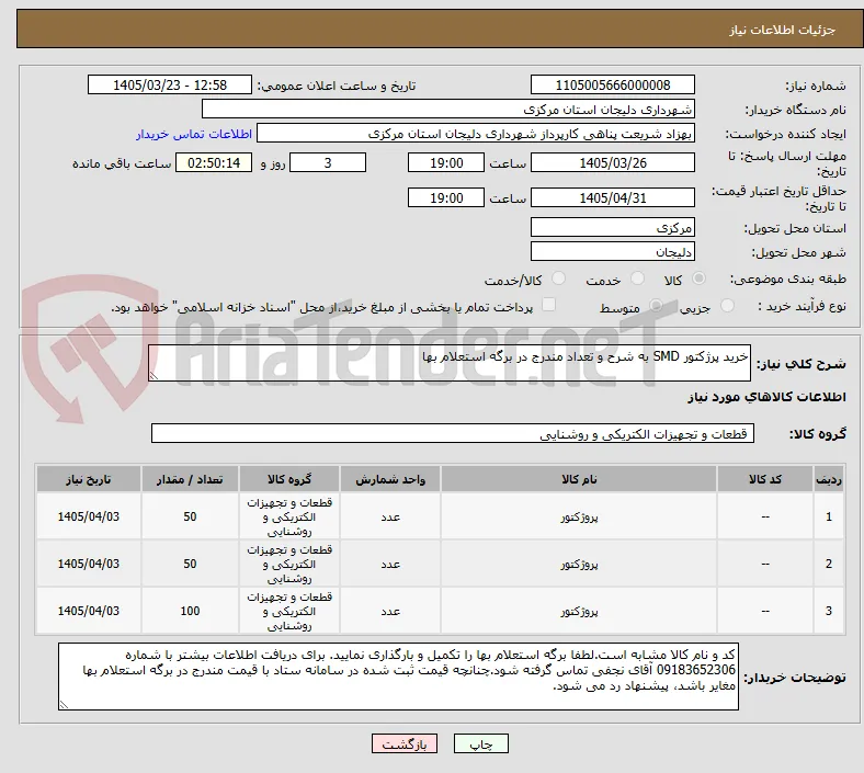 خرید پرژکتور SMD به شرح و تعداد مندرج در برگه استعلام بها