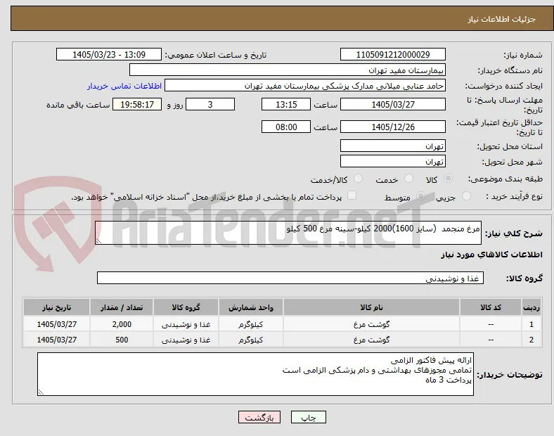 مرغ منجمد  (سایز 1600)2000 کیلو-سینه مرغ 500 کیلو