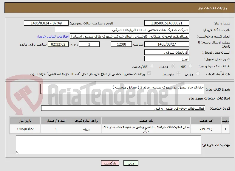 حفاری چاه عمیق در شهرک صنعتی مرند 2 ( مطابق پیوست ) 