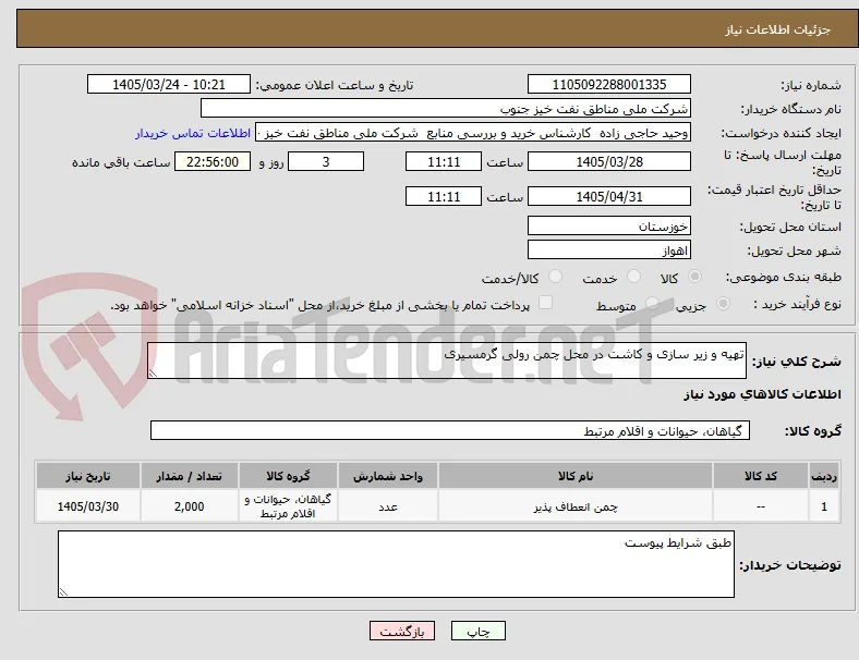 تهیه و زیر سازی و کاشت در محل چمن رولی گرمسیری