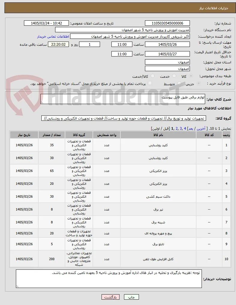 لوازم برقی طبق فایل پیوست