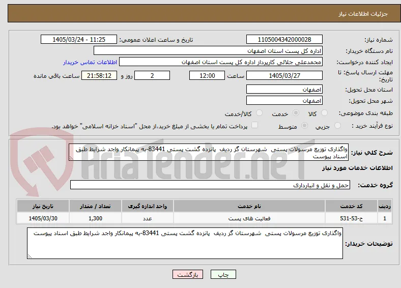 واگذاری توزیع مرسولات پستی  شهرستان گز ردیف  پانزده گشت پستی 83441-به پیمانکار واجد شرایط طبق اسناد پیوست