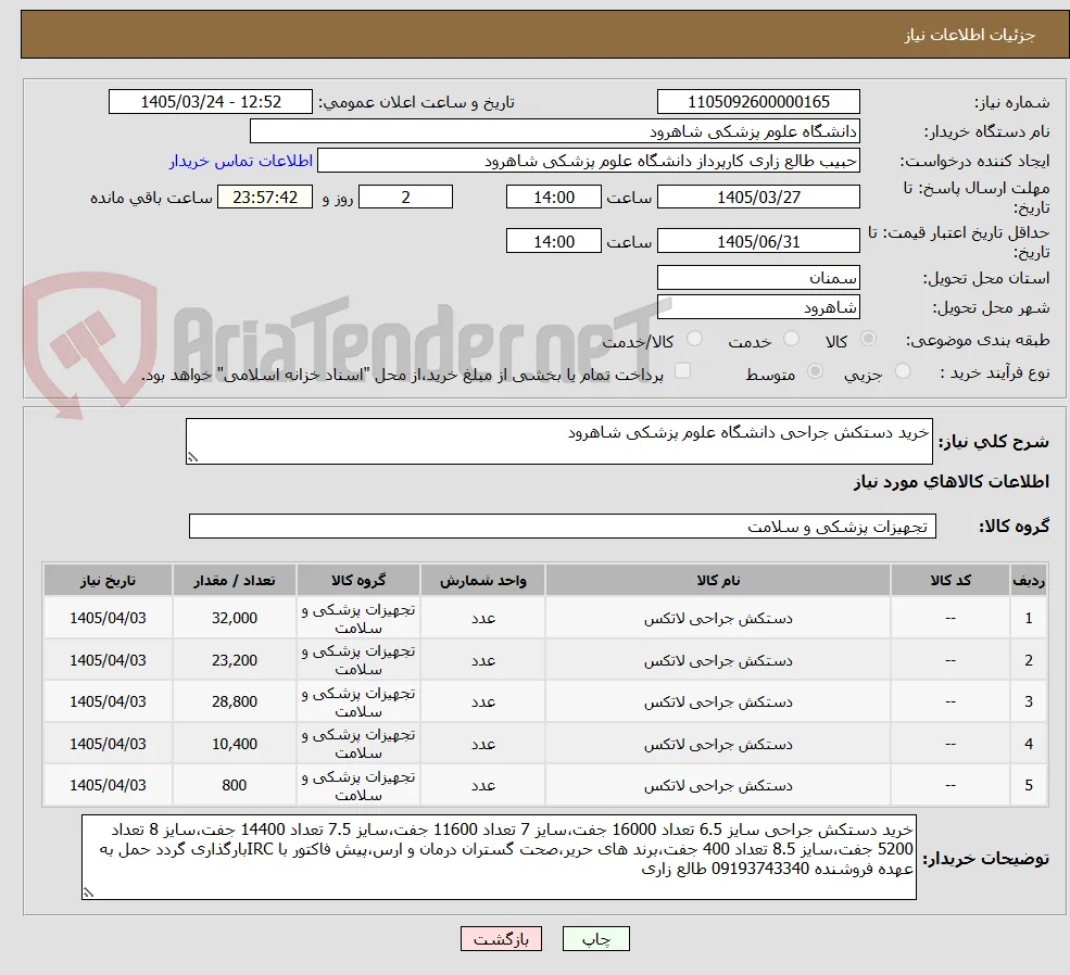 خرید دستکش جراحی دانشگاه علوم پزشکی شاهرود 