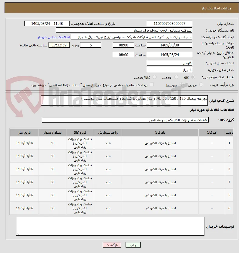 دوراهه بیمتال 120 ، 150 ، 50 ،70 و 95( مطابق با شرایط و مشخصات فنی پیوست )