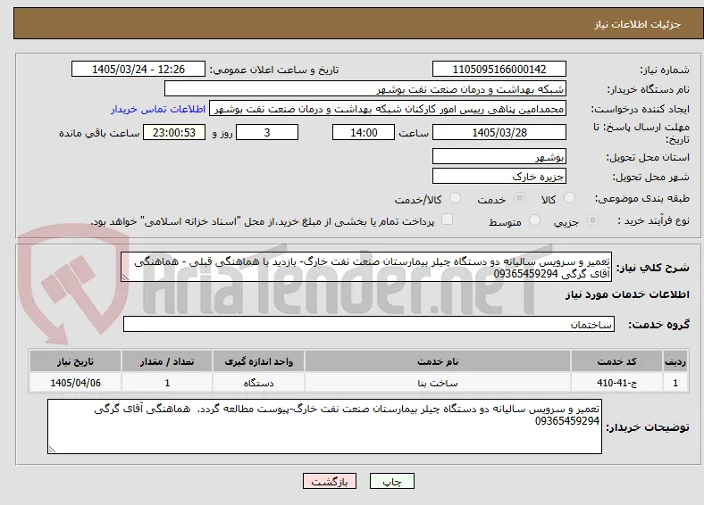 تعمیر و سرویس سالیانه دو دستگاه چیلر بیمارستان صنعت نفت خارگ- بازدید با هماهنگی قبلی - هماهنگی آقای گرگی 09365459294