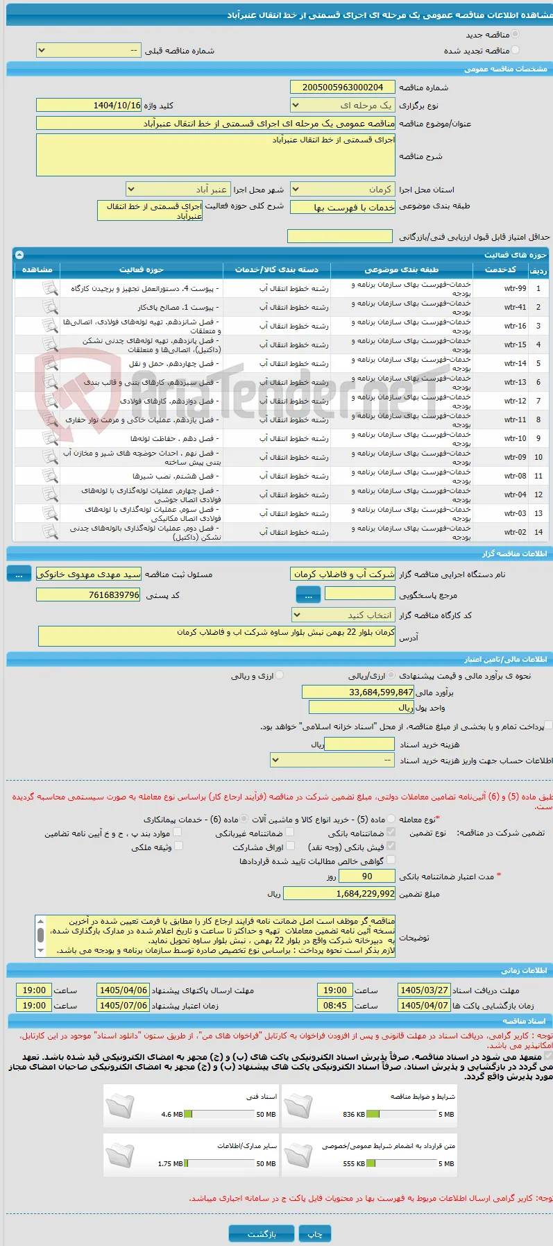 مناقصه عمومی یک مرحله ای اجرای قسمتی از خط انتقال عنبرآباد