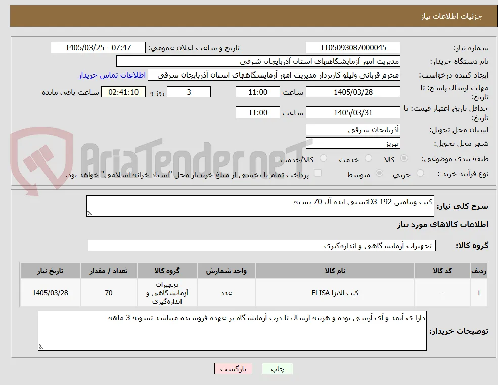 کیت ویتامین D3 192تستی ایده آل 70 بسته