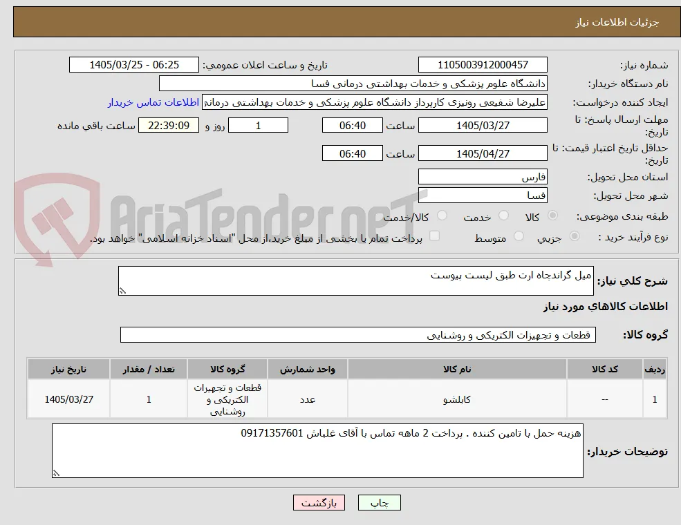 میل گراندچاه ارت طبق لیست پیوست 