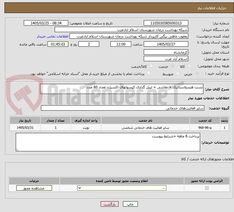 تست هیدرواستاتیک + نقاشی + لیبل گذاری کپسولهای اکسیژن تعداد 60 عدد