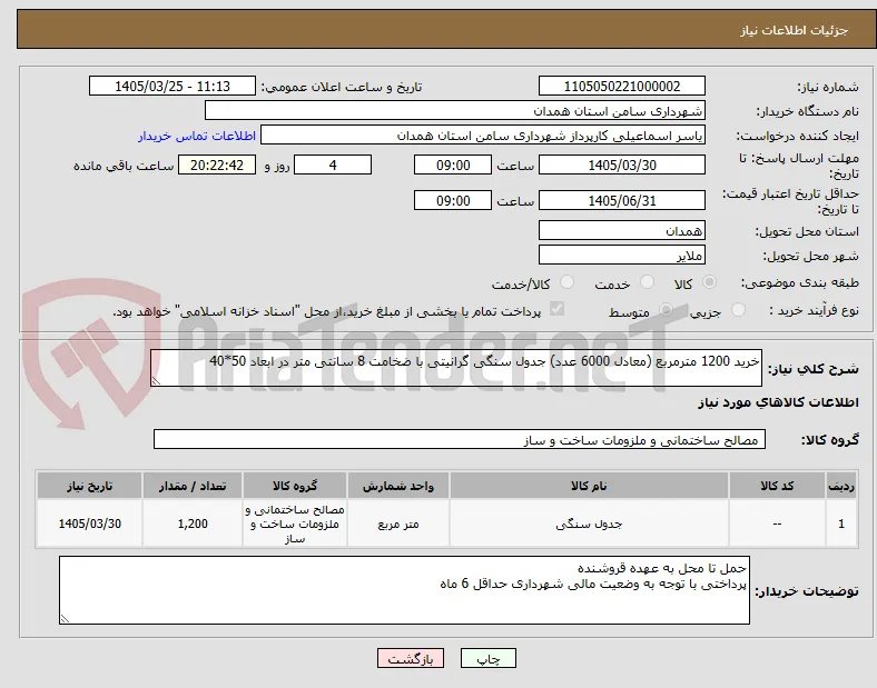 خرید 1200 مترمربع (معادل 6000 عدد) جدول سنگی گرانیتی با ضخامت 8 سانتی متر در ابعاد 50*40
