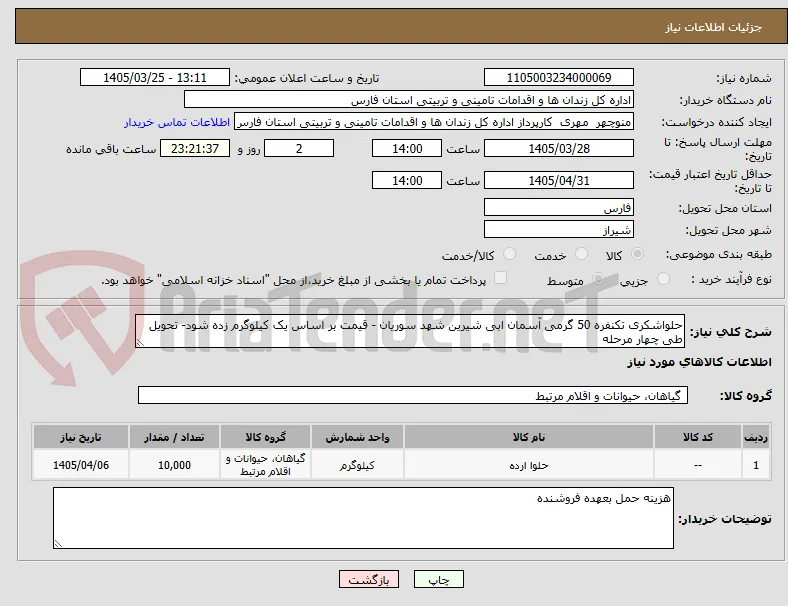 حلواشکری تکنفره 50 گرمی آسمان ابی شیرین شهد سوریان - قیمت بر اساس یک کیلوگرم زده شود- تحویل طی چهار مرحله
