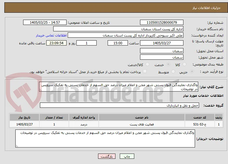 واگذاری نمایندگی قبول پستی شهر مجن و اعلام میزان درصد حق السهم از خدمات پستی به تفکیک سرویس در توضیحات