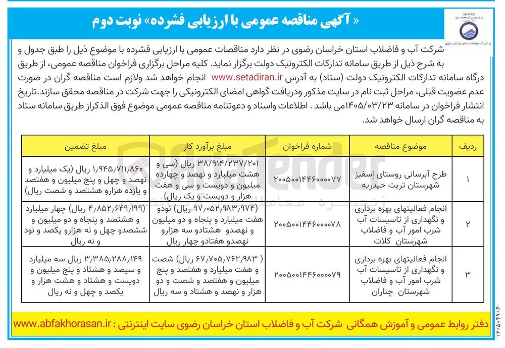 طرح آبرسانی روستای اسفیز شهرستان تربت حیدریه 
