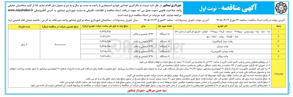 کارگیری تعدادی خودرو استیجاری با راننده
