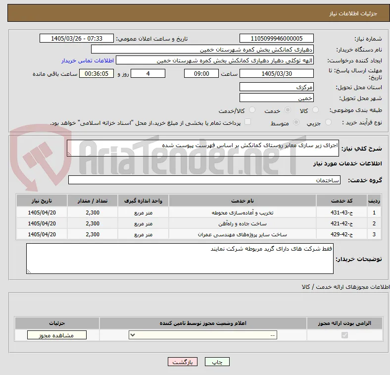 اجرای زیر سازی معابر روستای کمانکش بر اساس فهرست پیوست شده