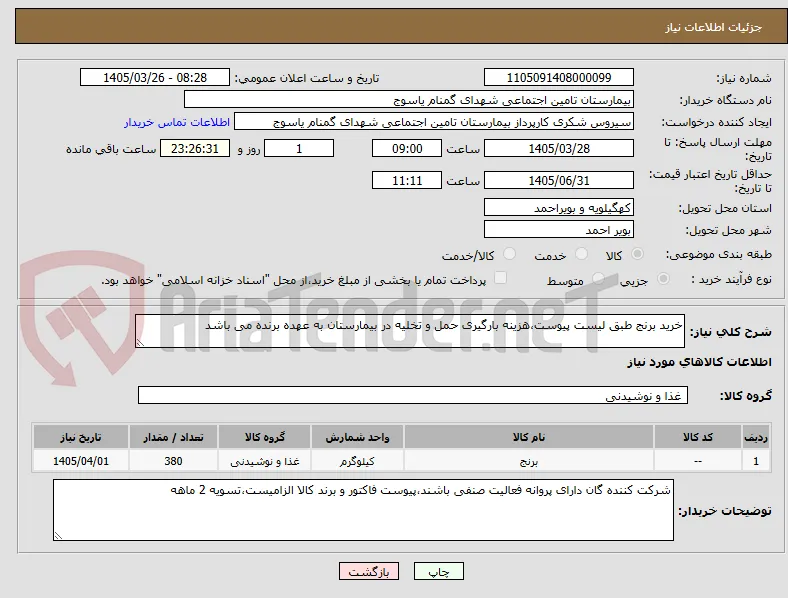 خرید برنج طبق لیست پیوست،هزینه بارگیری حمل و تخلیه در بیمارستان به عهده برنده می باشد